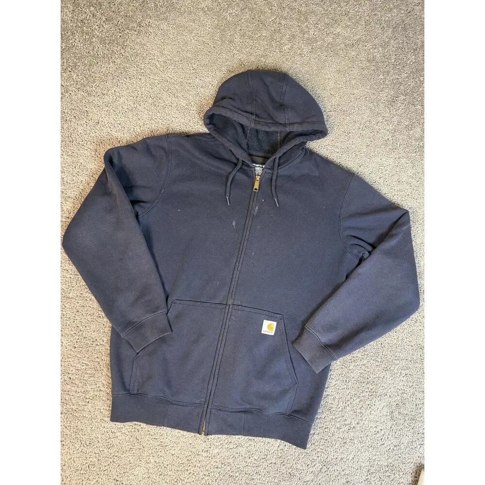 Carhartt Hoodie Mens M Relaxed Blue Full Zip Hooded Lined Fleece Pockets Logo